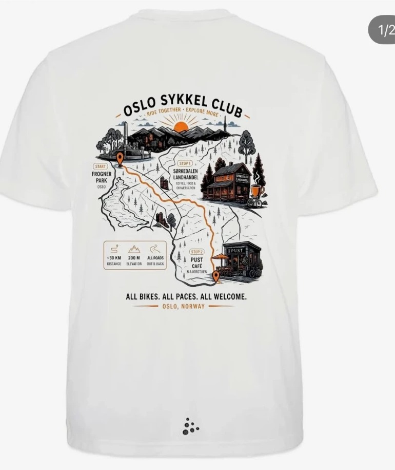 Oslo Sykkel Club t-shirt with a hand-drawn map of the club route
